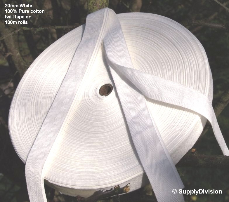 20mm White 100% cotton twill webbing tape, 100m.