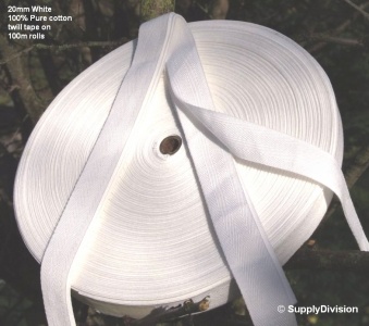 20mm White 100% cotton twill webbing tape, 100m.