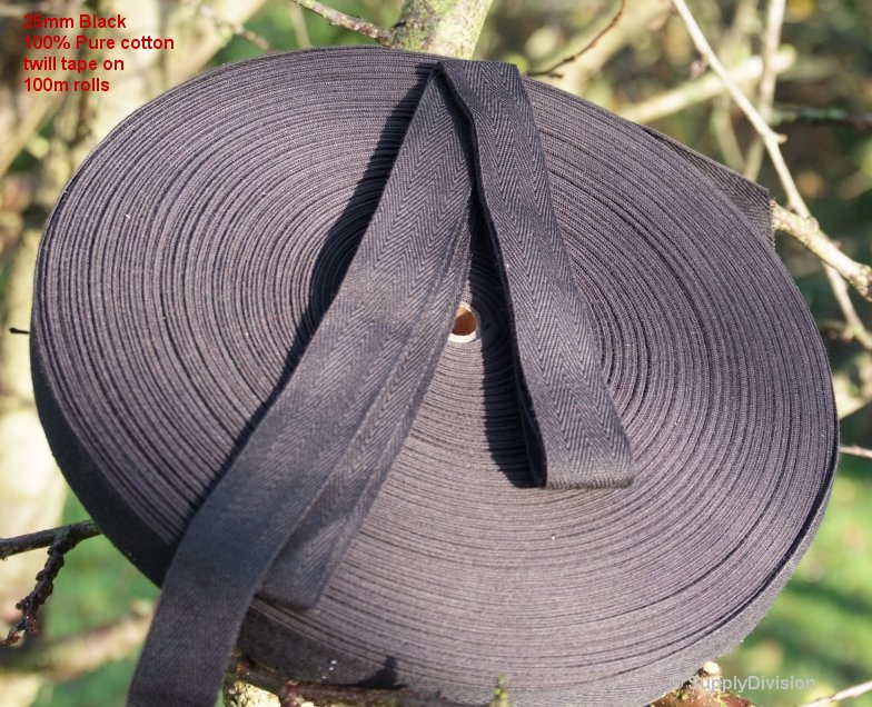 25mm Black 100% cotton twill webbing tape, 100m